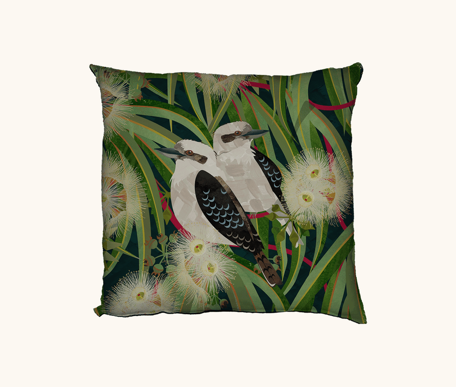 cushion featuring kookaburra in a river red gum in flower on a dark green background