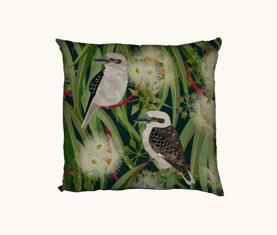 cushion featuring kookaburra in a river red gum in flower on a dark green background