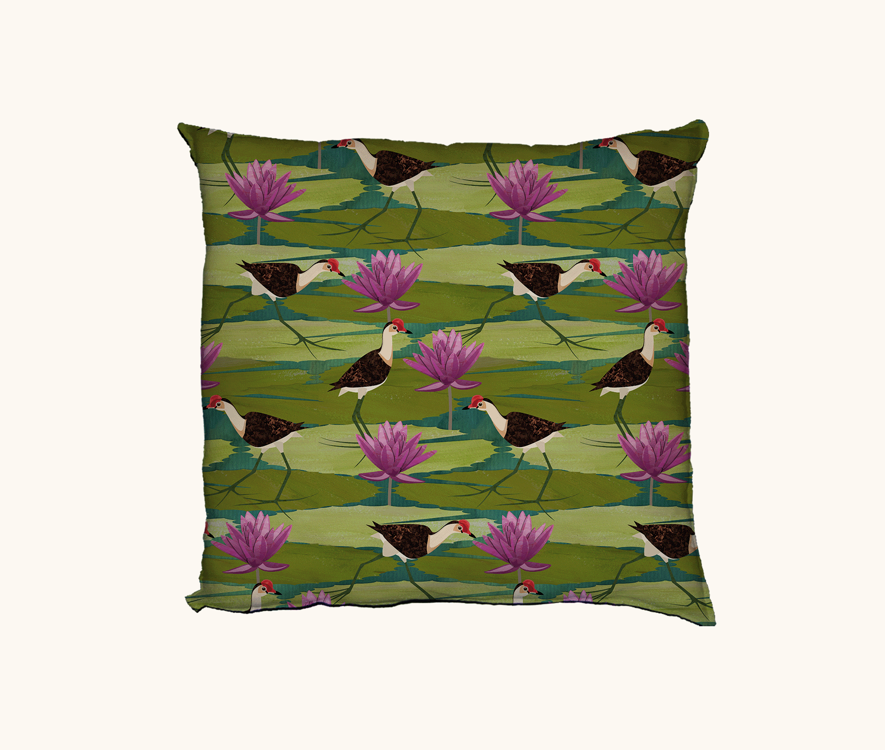 cushion with pattern of comb-crested jacanas and sacred lotus on water