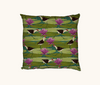 cushion with pattern of comb-crested jacanas and sacred lotus on water
