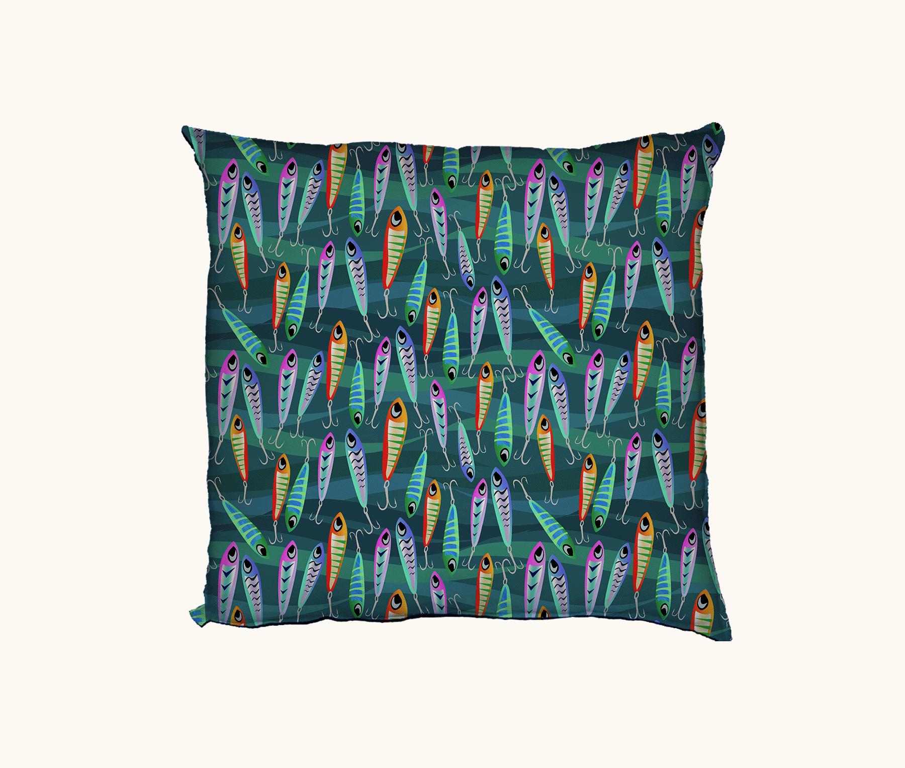 cushion with colorful fishing lure pattern on a blue-green background