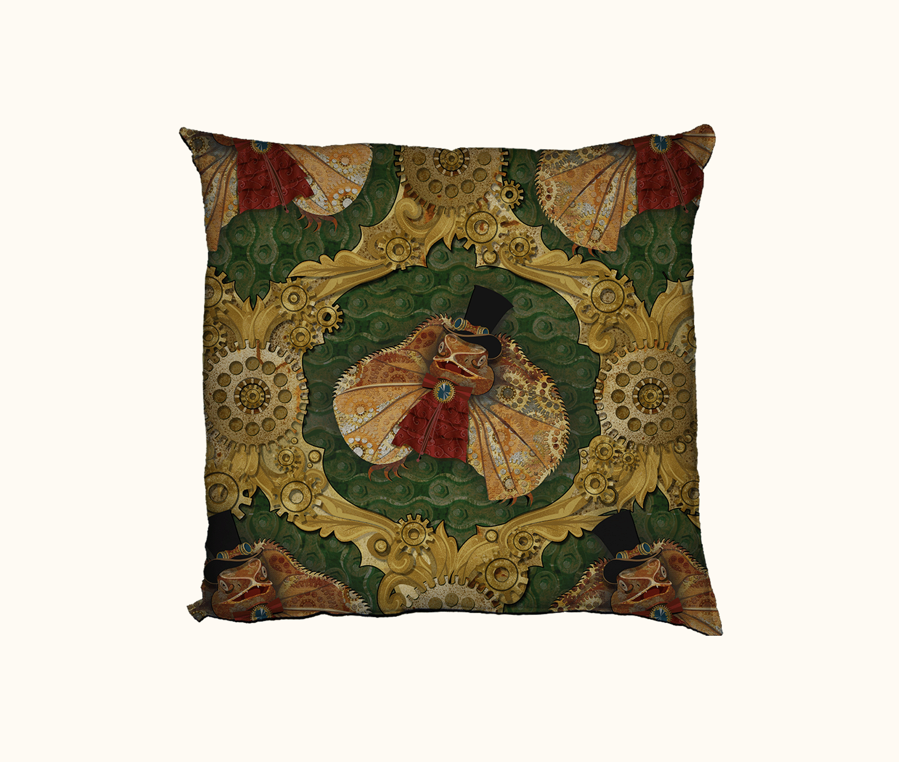 cushion featuring a frill-necked lizard in a top hat and ruffle in an ogee pattern made of cogs against a green mechanical background