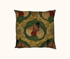 cushion featuring a frill-necked lizard in a top hat and ruffle in an ogee pattern made of cogs against a green mechanical background
