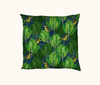 cushion with a stylised pattern of mangrove golden whistlers in mangrove trees against a deep blue background