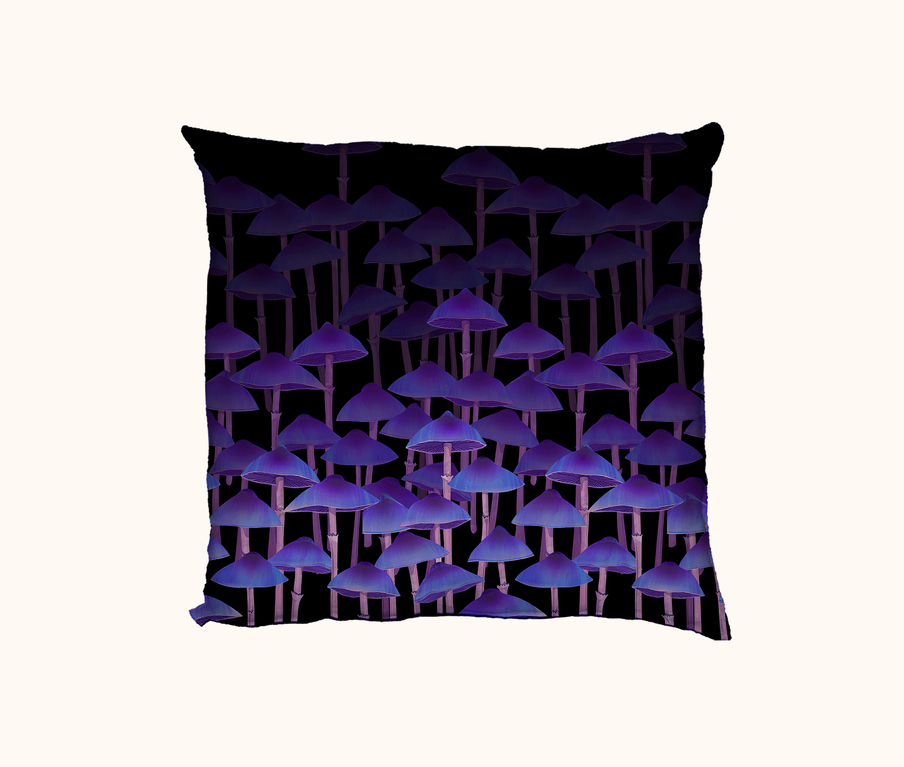 cushion featuring rows of purple mushrooms against a black background