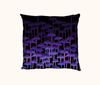 cushion featuring rows of purple mushrooms against a black background
