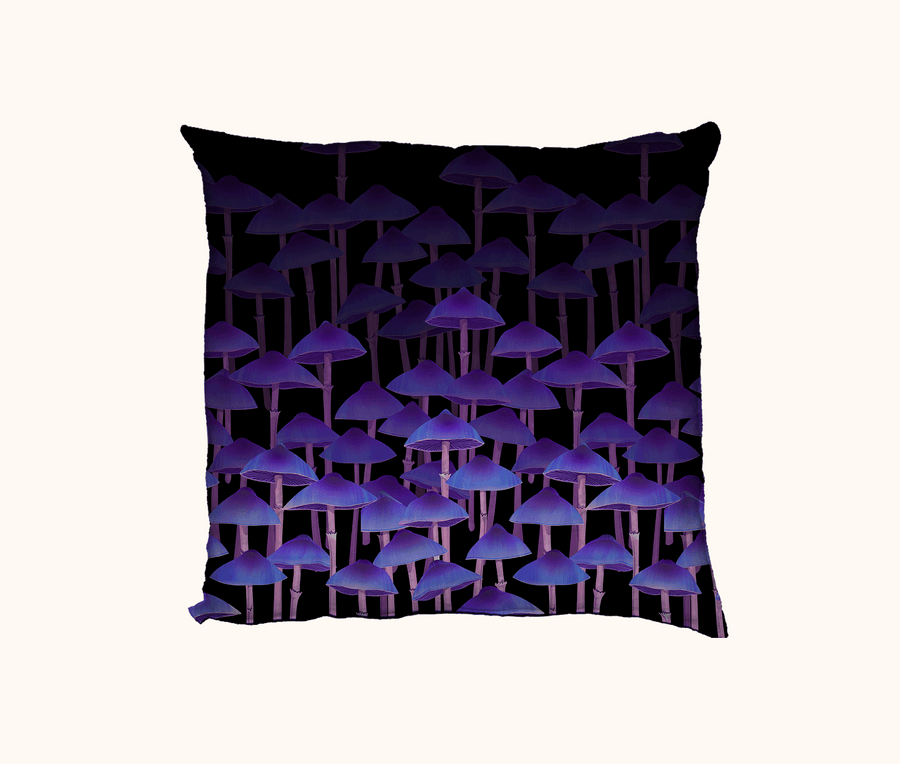 cushion featuring rows of purple mushrooms against a black background