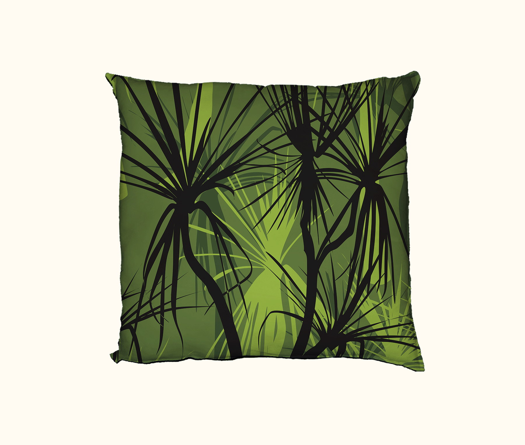 cushion with pattern of black pandanus on a green layered background