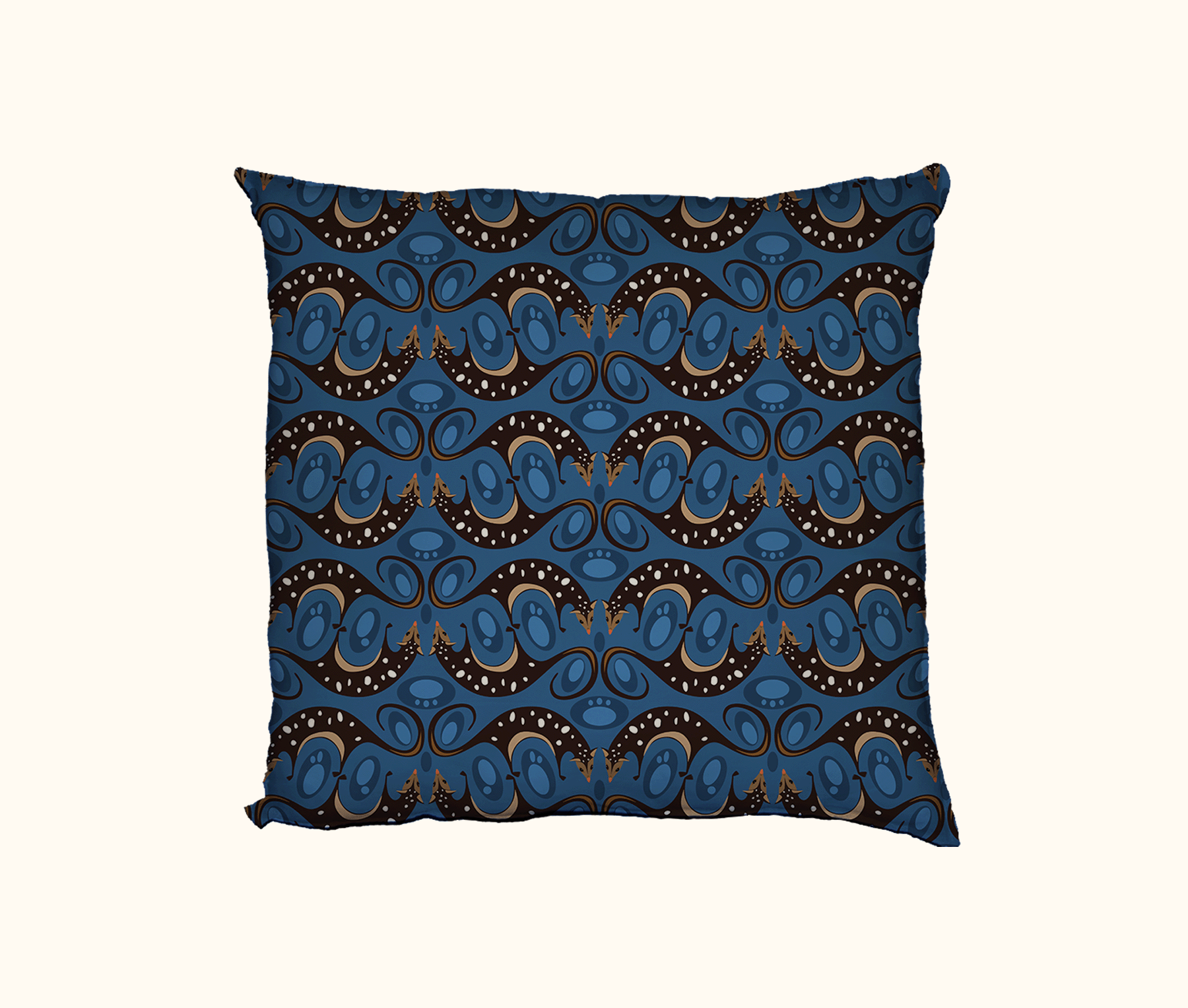 cushion patterned with highly stylised quolls in rows against a blue background