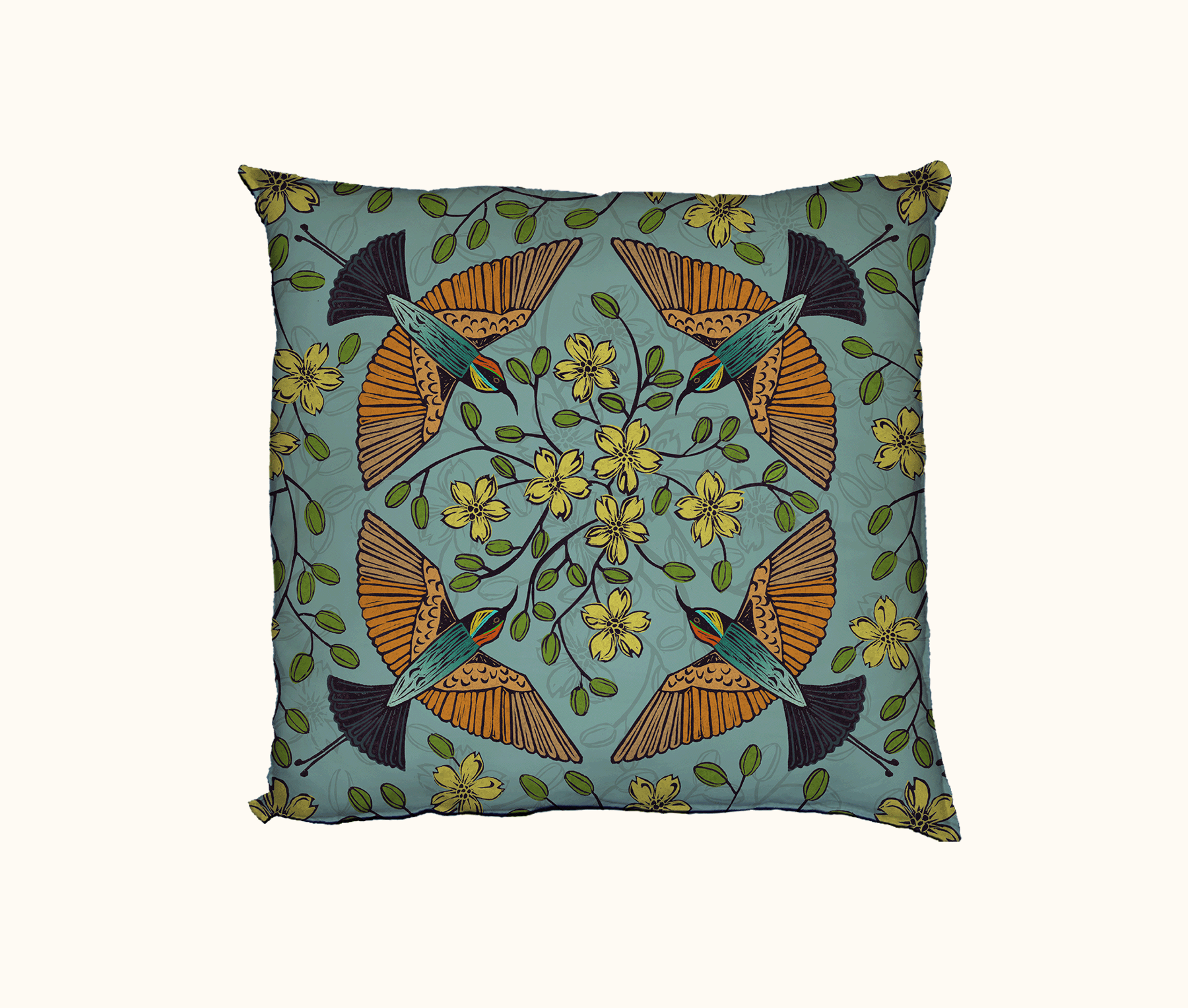 cushion featuring a coloured lino-cut design of four rainbow bee-eaters facing towards the centre of the cushion surrounded by kapok flowers and buds on a blue background