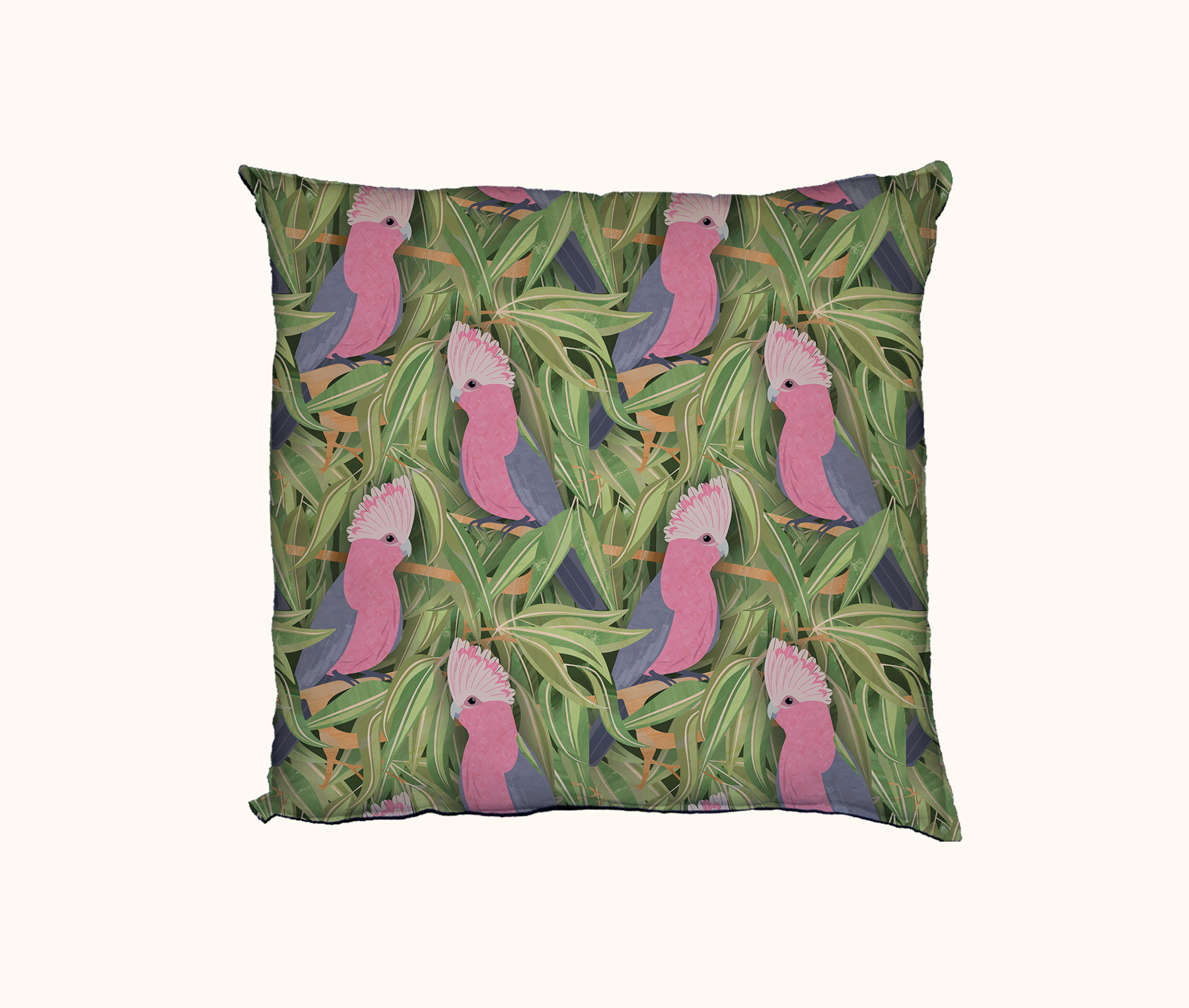 cushion with pattern of galahs in a gum tree