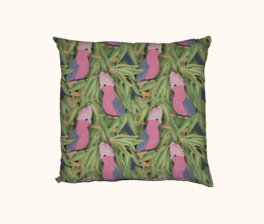 cushion with pattern of galahs in a gum tree