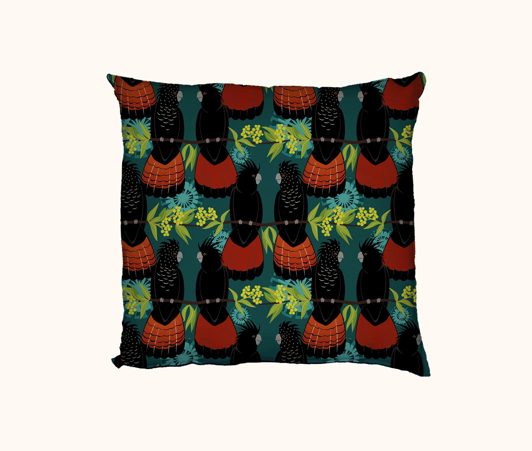 cushion featuring a pattern of red-tailed black cockatoos on wattle branches