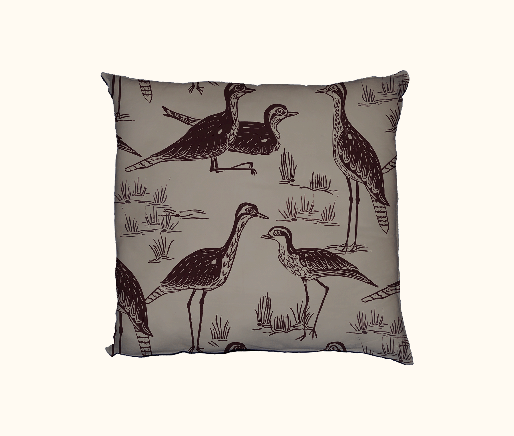 45cm canvas cushion cover featuring bush stone curlews from lino carvings