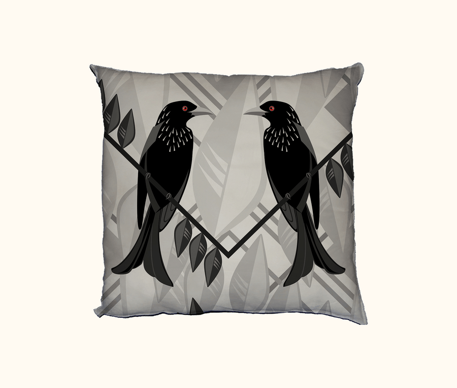 cushion featuring two spangled drongos facing each other on a grey and white background
