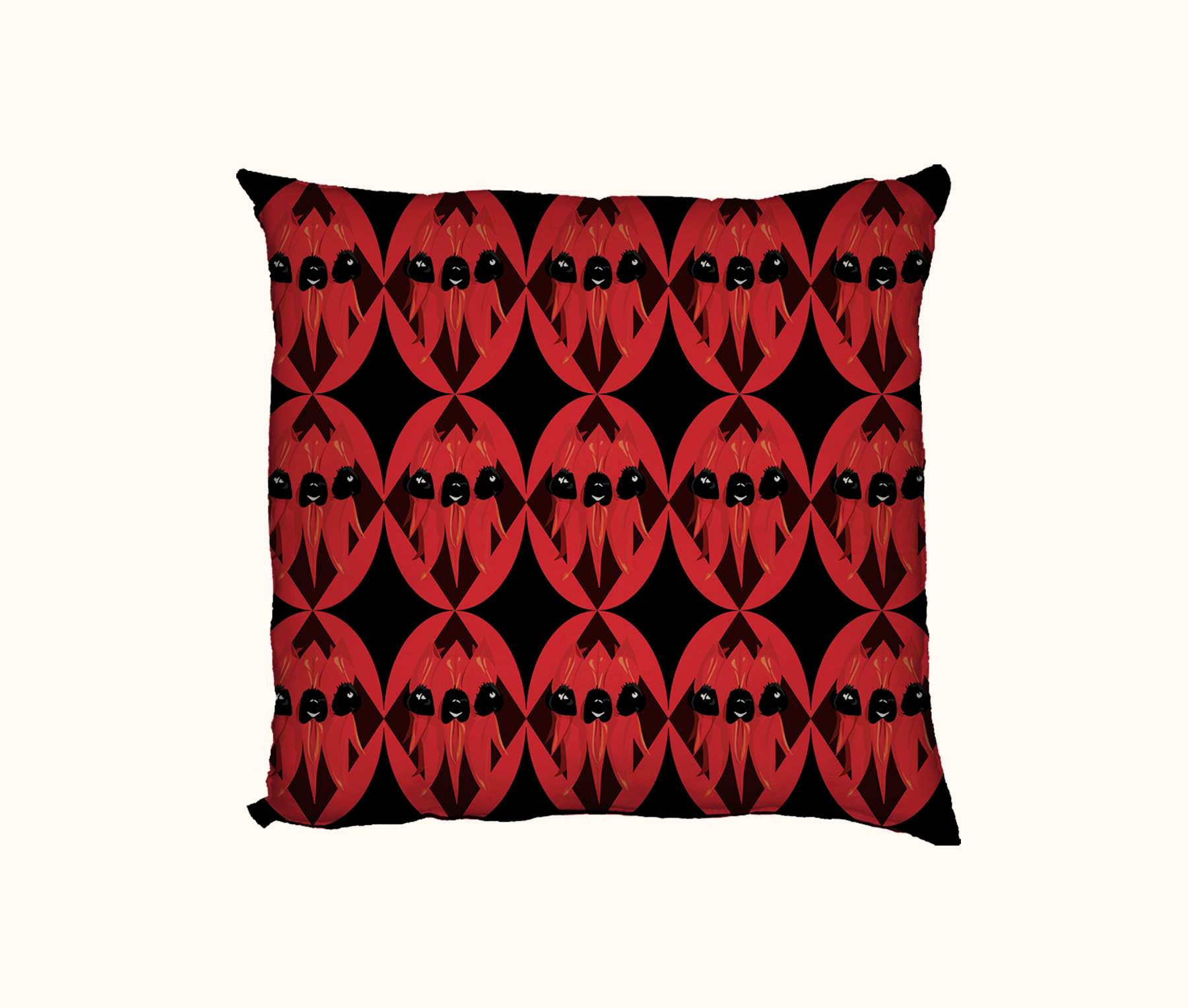 cushion patterned with Sturt's desert pea flowers against black diamonds set in red ovals on a red background
