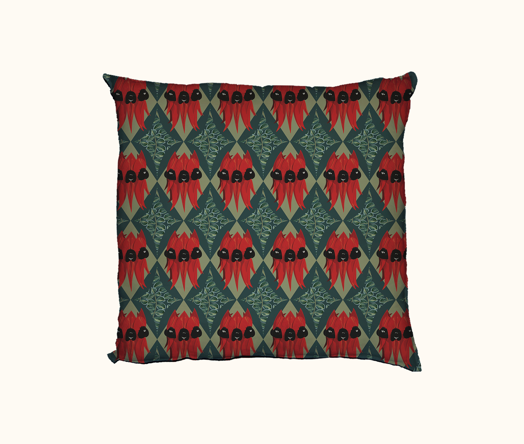 cushion featuring Sturt's desert pea on a geometric background of teal and green