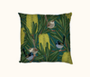 cushion with stylised repeat pattern of superb fairywrens in a flowering banksia marginata