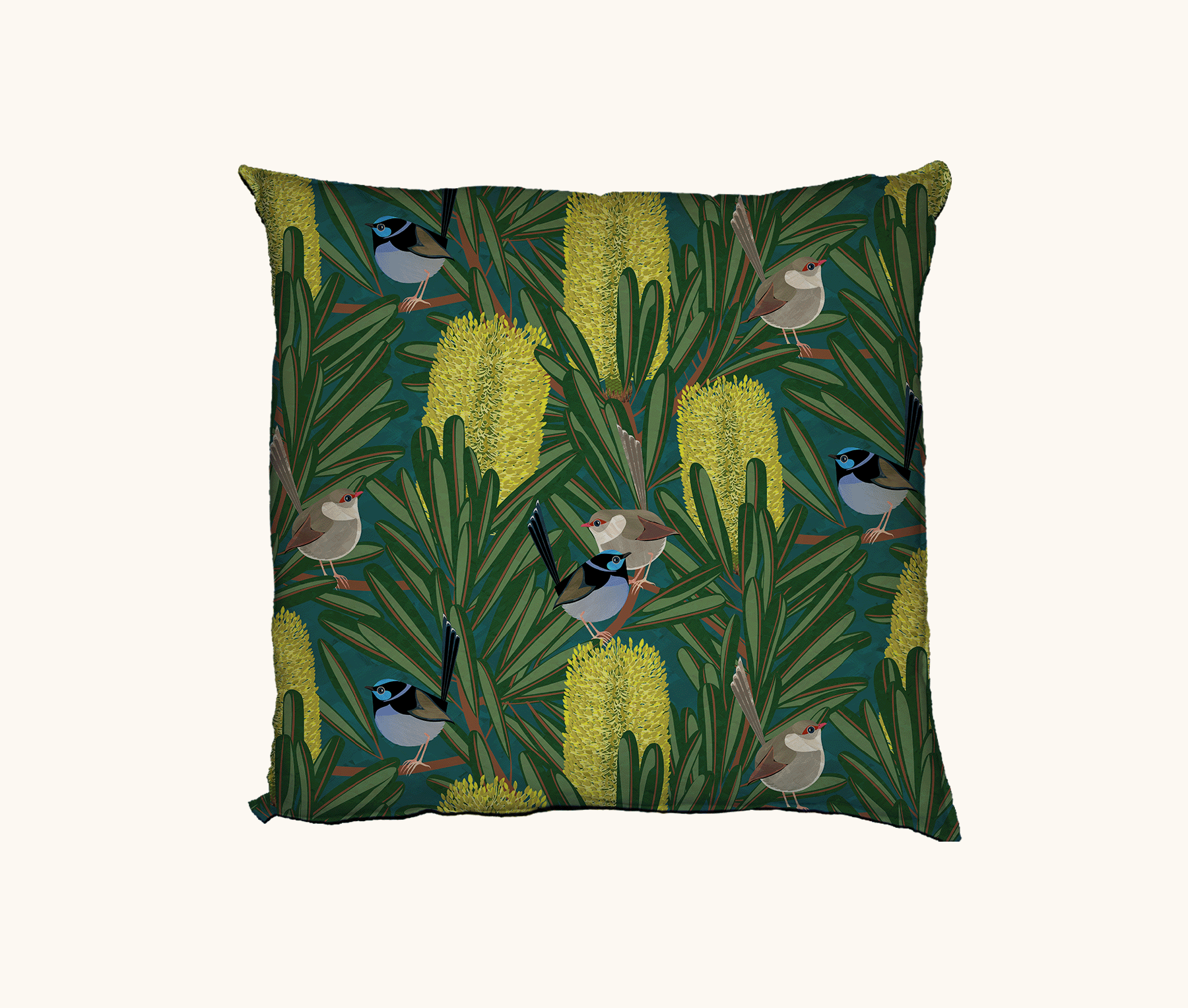 cushion with stylised repeat pattern of superb fairywrens in a flowering banksia marginata