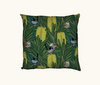 cushion with stylised repeat pattern of superb fairywrens in a flowering banksia marginata