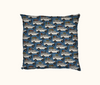 cushion covered in troop-carriers with roof-racks packed for a holiday on a blue wavy background