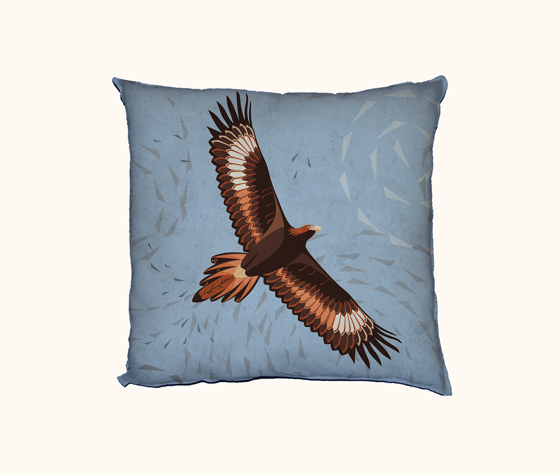 cushion featuring one large wedge-tailed eagle on a mottled sky blue background