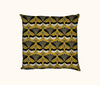 cushion with black, white and grey willie wagtail pattern on a yellow background