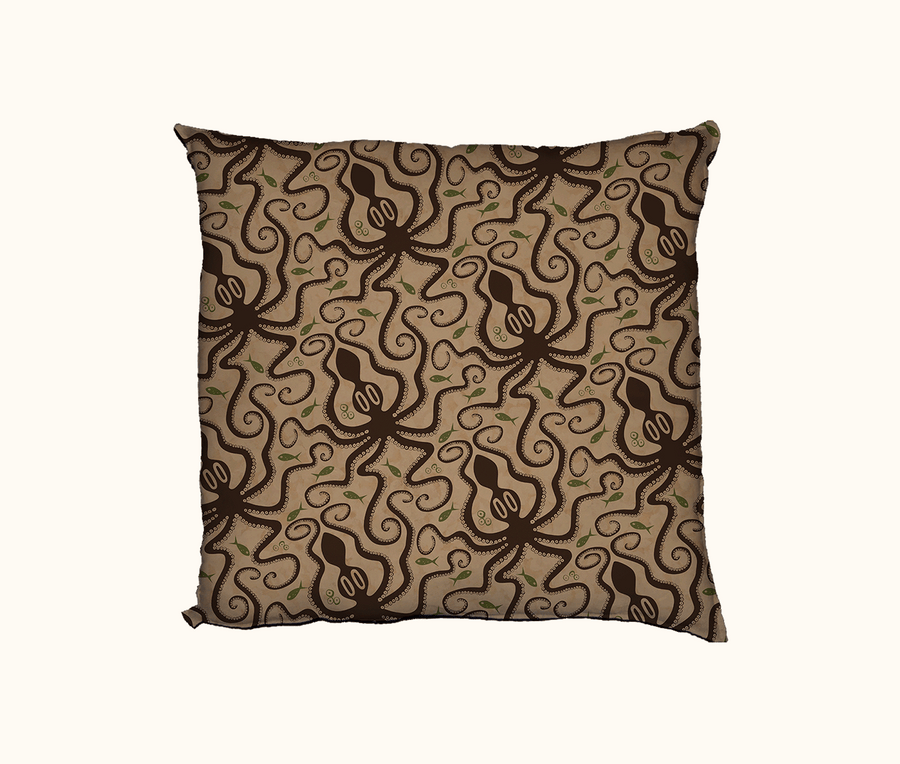 beige and brown cushion with green highlights -  featuring a repeat pattern of Minoan-inspired octopi and fish