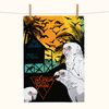 Pop-art tea towel showing Corellas against a tropical sunset with the title 'The corellas that ate Darwin'