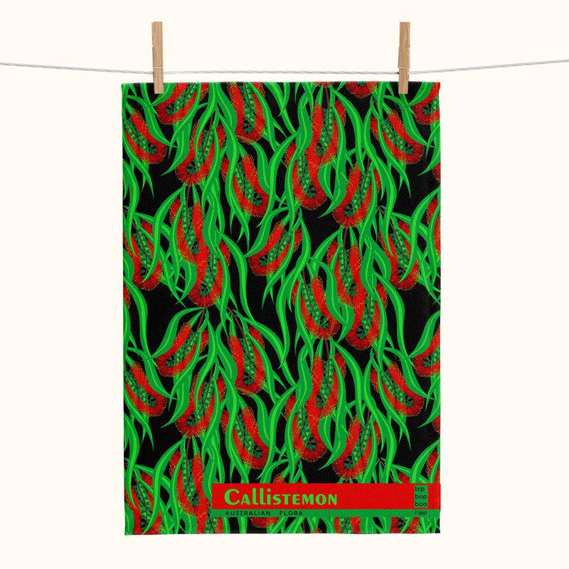 linen tea towel featuring an all-over bottlebrush design
