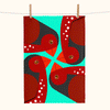 linen tea towel showing four large stylised crimson finches on a pale teal green background