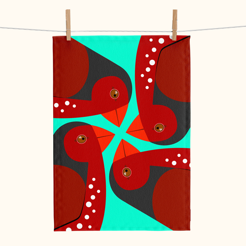 linen tea towel showing four large stylised crimson finches on a pale teal green background