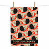 linen tea towel printed with a stylistic mid-century modern flame-backed fiddler crab pattern