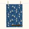 linen tea towel covered in grass pattern and double-barred finches on a blue background