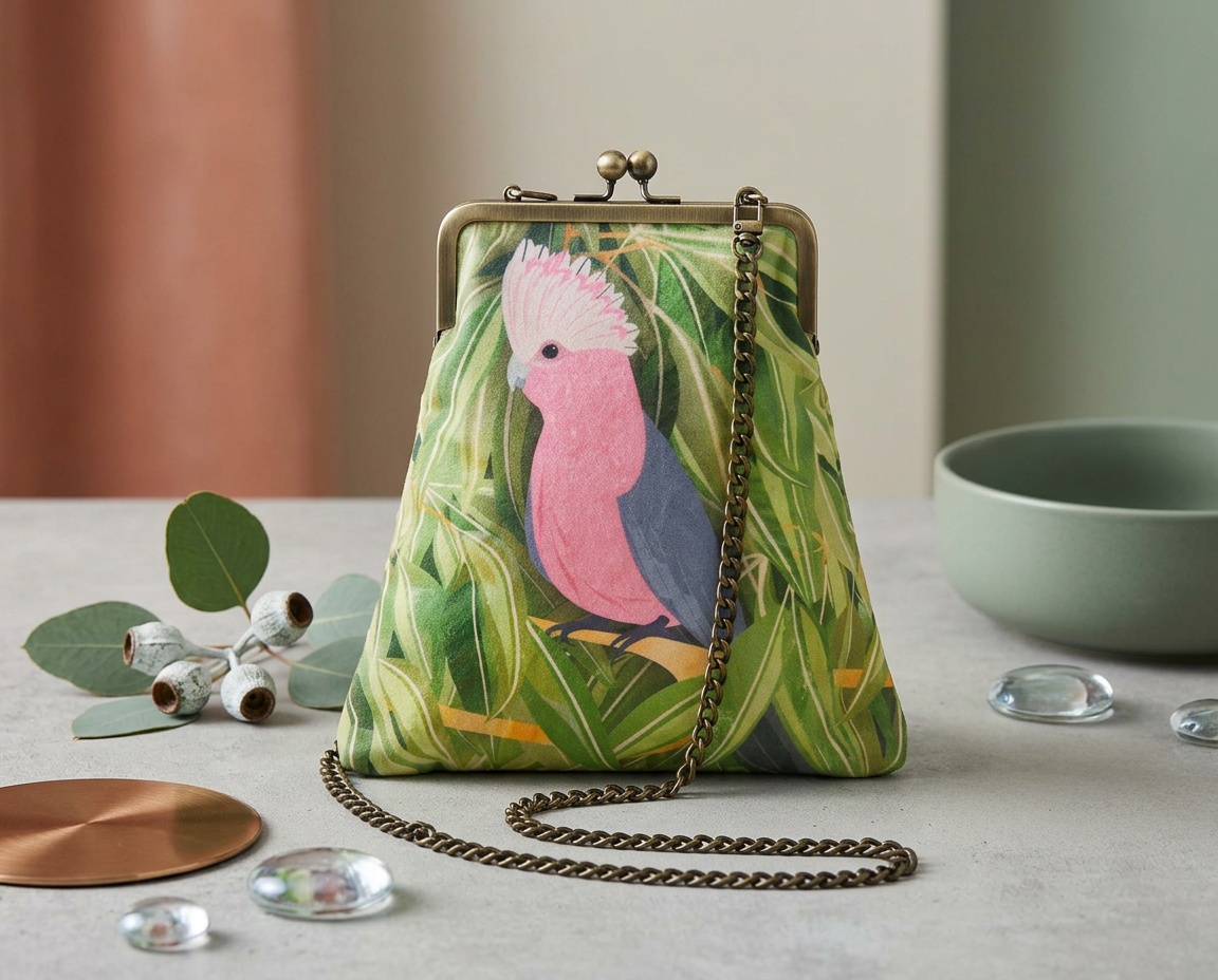 Evening bag printed with a galah in a gum tree, has a long antique brass chain