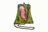 Evening bag printed with a galah in a gum tree, has a long antique brass chain