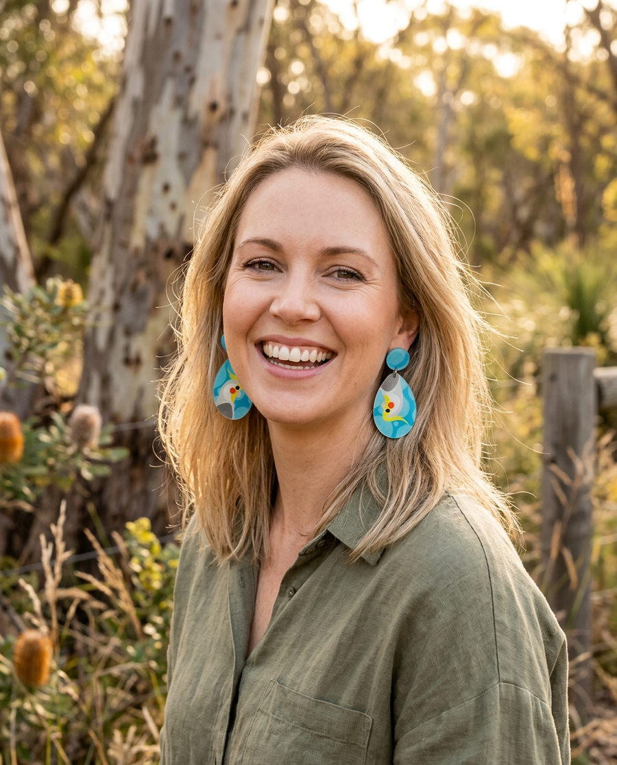 a woman wearing acrylic drop earrings featuring stylised cockatiels, one the right way up and one upside down
