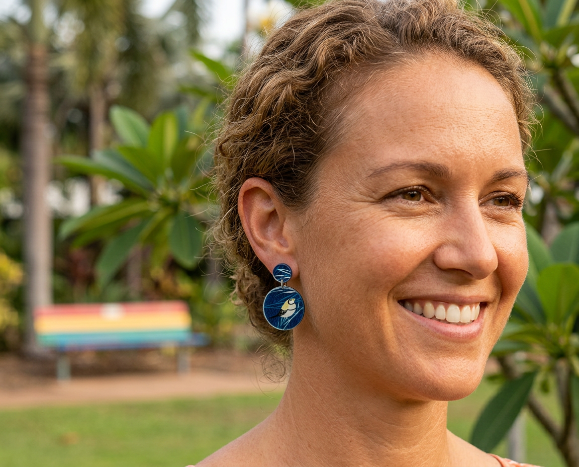 a woman wearing acrylic earrings featuring double-barred finches on a blue background