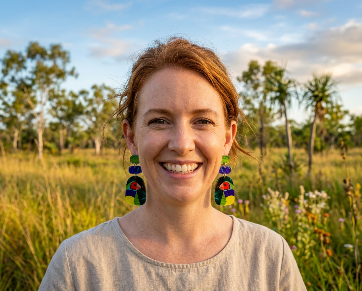 A smiling woman wearing acrylic earrings featuring stylised Gouldian finches