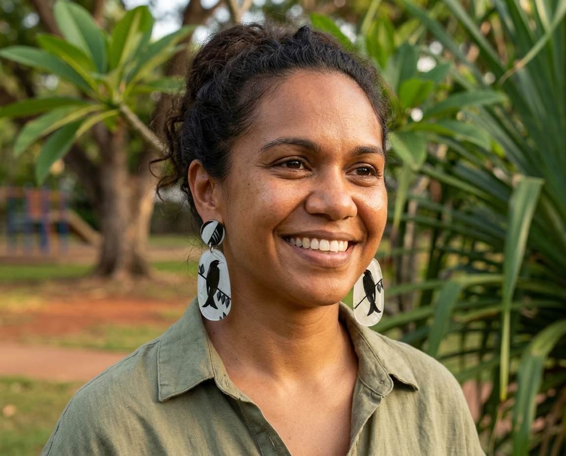 a woman wearing acrylic earrings featuring spangled drongos in black and white