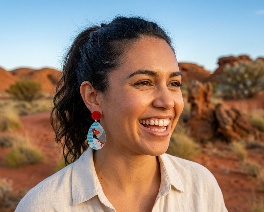 woman wearing acrylic earrings featuring stylised zebra finches