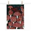 linen tea towel showing red and white spotted mushrooms