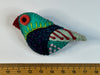 felt bird brooch in blues and greens with red highlights