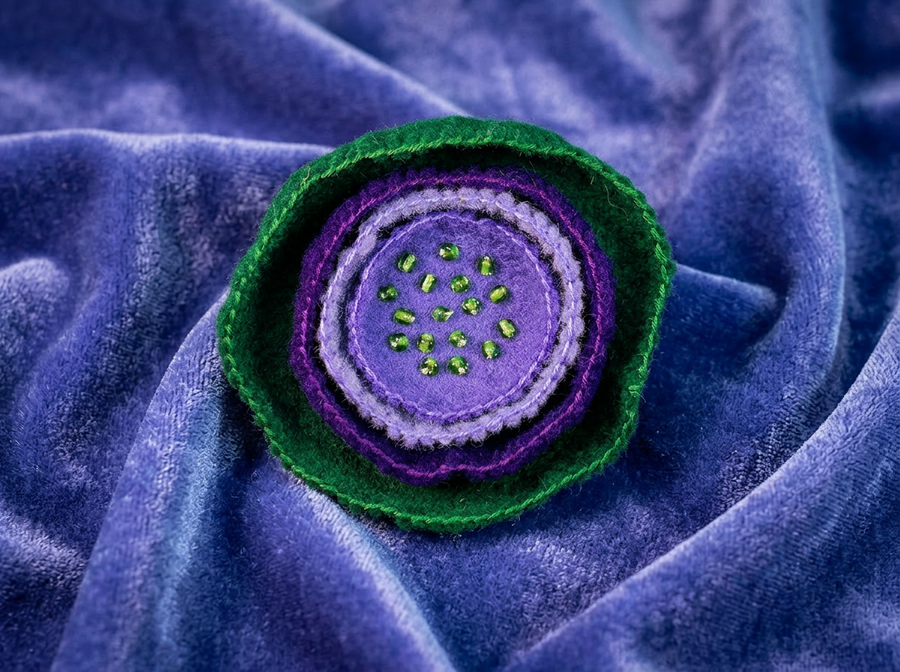 Layered flower felt brooch in purple and green
