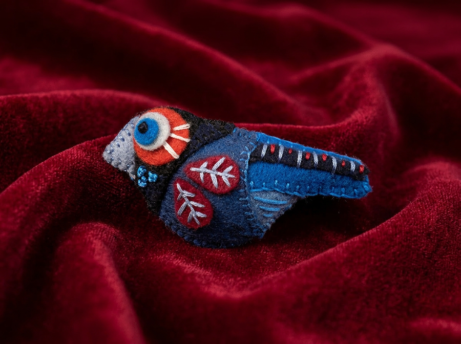 Blue and red bird felt brooch
