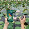 Canvas glasses slip case featuring a stylised azure kingfhisher perced on a sacred lotus pod.