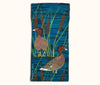 Canvas glasses slip case featuring stylised Australian wood ducks and bull-rushes with a dark blue watery background