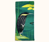 Canvas glasses slip case featuring a stylised black bittern standing on a rock in a stream.