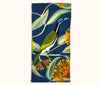 Canvas glasses slip case featuring stylised blue faced honey eater and scarlet gum blossom and leaves on a deep blue background.