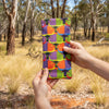 Canvas glasses slip case with bright pop art pattern featuring water buffalo heads in a variety of colours